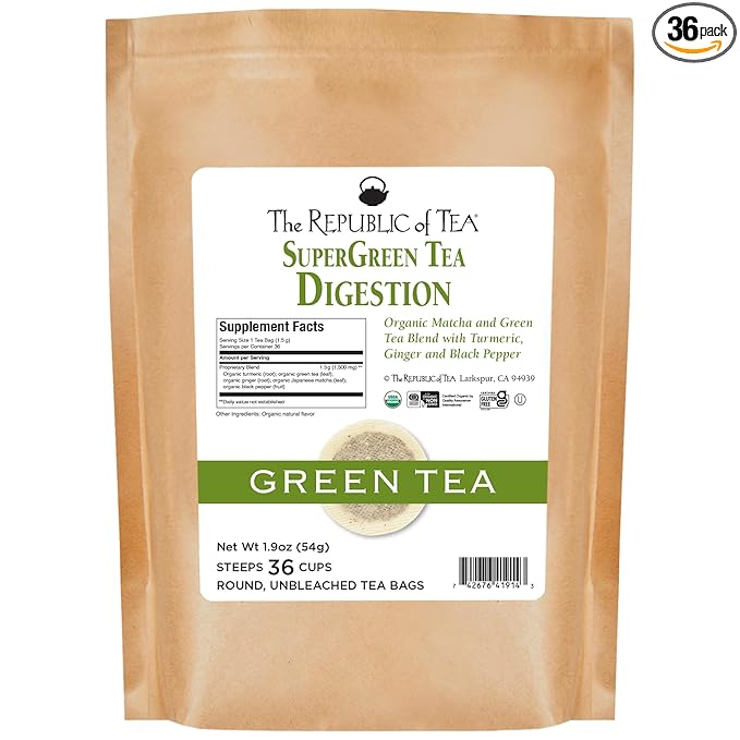 The Republic of Tea - Organic Digestion SuperGreen Tea Refill Bag, 36 Tea Bags, Naturally
