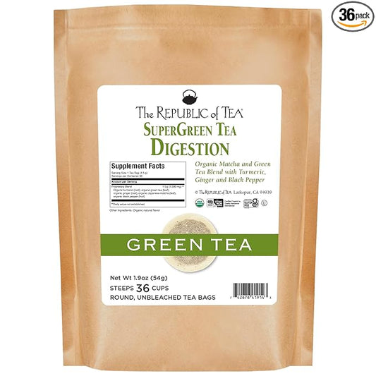 The Republic of Tea - Organic Digestion SuperGreen Tea Refill Bag, 36 Tea Bags, Naturally