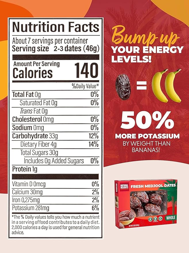 Natural Delights Medjool Dates Whole - Non-GMO Verified Fruit, Good Source of Fiber & Potassium