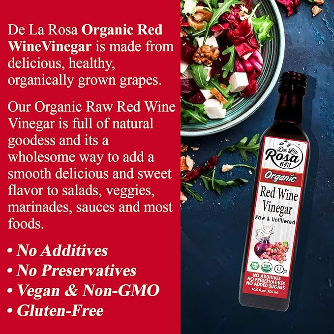De La Rosa Organic Red & White Wine Vinegar, Raw & Unfiltered, with the “Mother”, Kosher for
