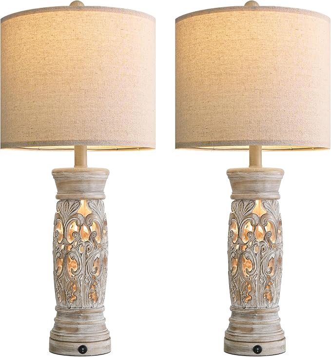 BOBOMOMO 27.25” Rustic Farmhouse Table Lamps Set of 2 – Vintage Bedside Lamps with Night Light &