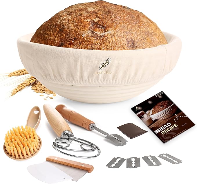 BAKERIA 9" Banneton Proofing Basket Kit (Round) ??Sourdough Bread Making Set with Danish Whisk