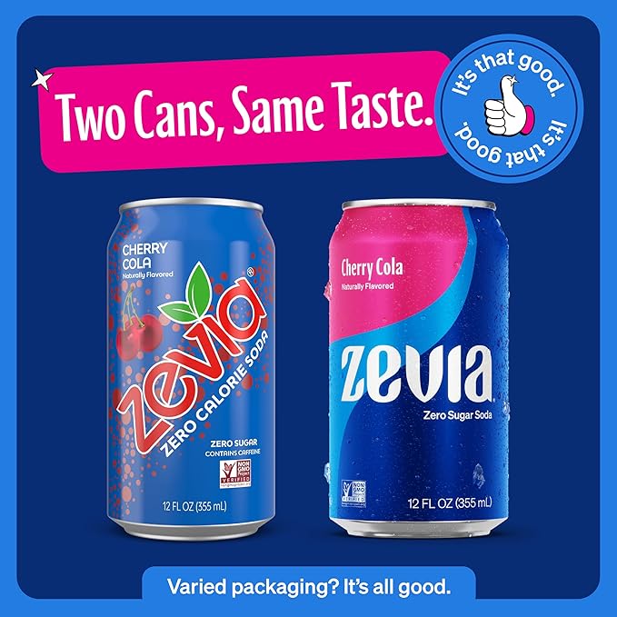 Zevia Zero Sugar Soda, Cherry Cola, 12 oz Cans (24-Pack) ??Naturally Sweetened, Non-GMO Project