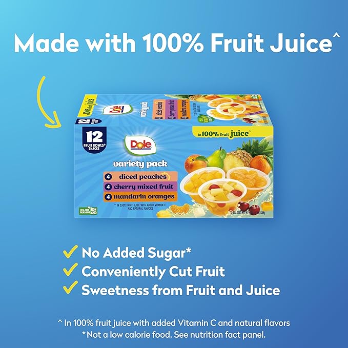 Dole Diced Peaches, Mandarin Oranges, and Cherry Mixed Fruit in 100% Juice Variety Pack - Dole