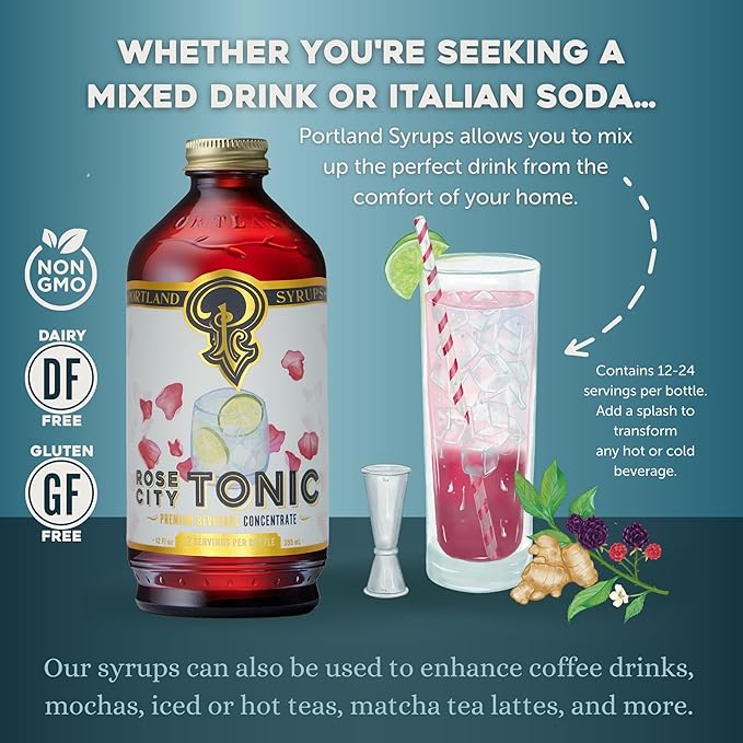 Portland Syrups Rose City Tonic Concentrate - Craft Delicious Cocktails, Mocktails, Sodas, and More