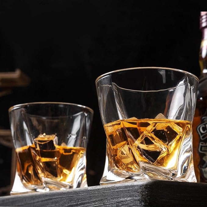 KANARS Whiskey Glasses Set of 4, 10 Oz Crystal Old Fashioned Cocktail Glass in Gift Box, Twisted