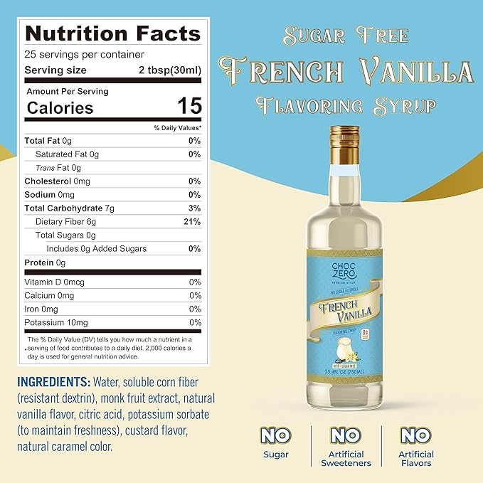 ChocZero French Vanilla Coffee Syrup – Sugar Free Coffee Flavoring, Keto Friendly, Low Carb, No