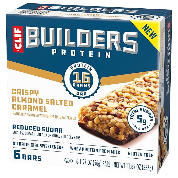 CLIF BUILDERS Protein Bars - Crispy Almond Salted Caramel - Reduced Sugar - Gluten Free - 16g