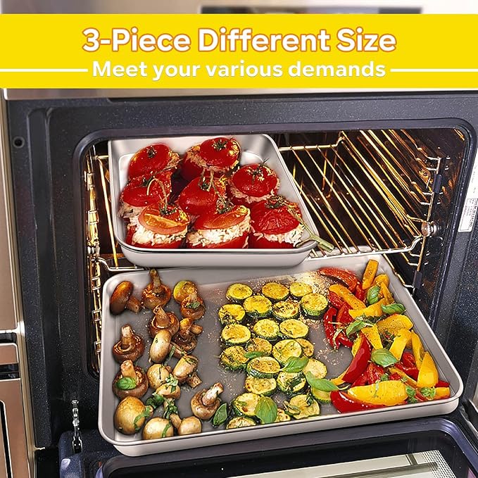 E-far Baking Cookie Sheet Pan Set of 3, 16/12.4/10.4 Inch, Stainless Steel Baking Pans Set for