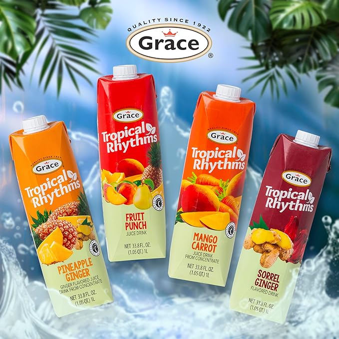 Grace Tropical Rhythms Ginger and Pineapple Juice 1 Liter (33.8oz) - 3 Cartons - Jamaican Fruit