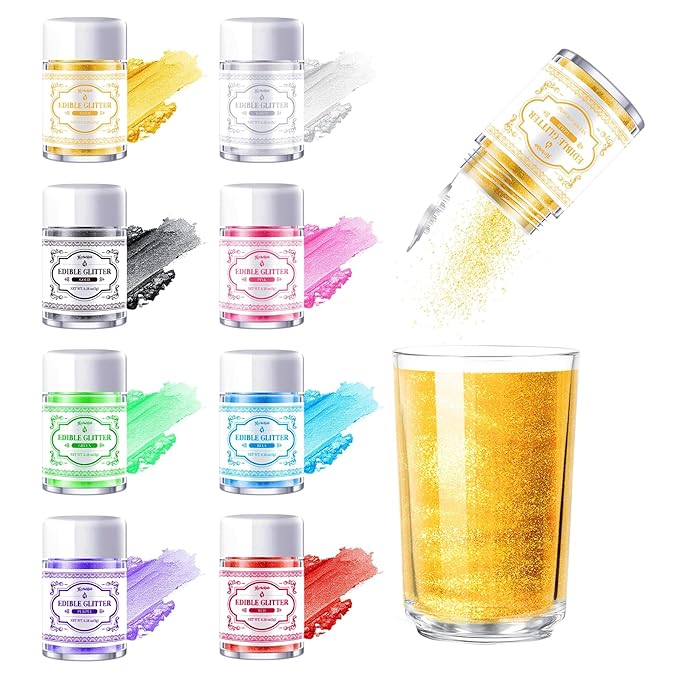 Edible Glitter for Drinks ??8 Colors Luster Dust, Food Grade Cocktail Shimmer Powder for Cakes