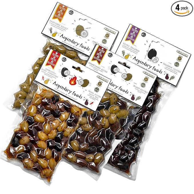 Pack of 4 Variety Mix Olives in Vacuum, 2 Greek Olive Varieties with 4 flavors, Freshly Sealed