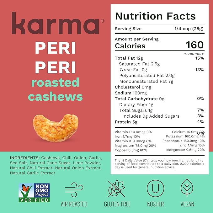Peri Peri Air Roasted Whole Cashews by Karma Nuts, Savory, Spicy, Peanut-Free Facility, Kosher