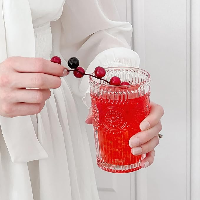 Kate Aspen Vintage Textured Clear Striped Drinking Glasses Set of 6, (13 oz) Ribbed Glassware Set