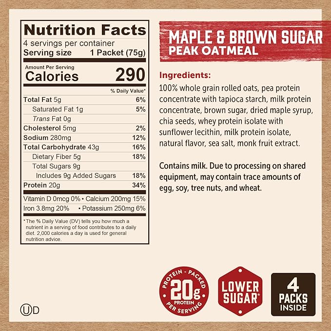 Kodiak Cakes Peak Instant Oatmeal Packets, Maple Brown Sugar, High Protein,100% Whole Grains, 6 box