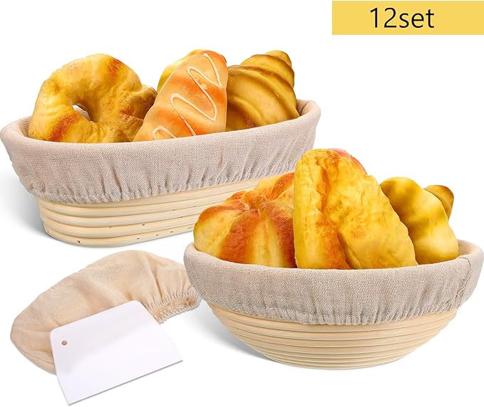 Geetery Set of 12 Proofing Basket, 10 Inch Round Oval Cane Bread Proofing Baskets with Sourdough