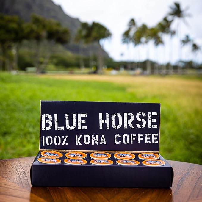 Blue Horse 100% Kona Coffee Pods, Medium Roast, 10ct Single Serve, Compatible with K Cups 2.0, Farm