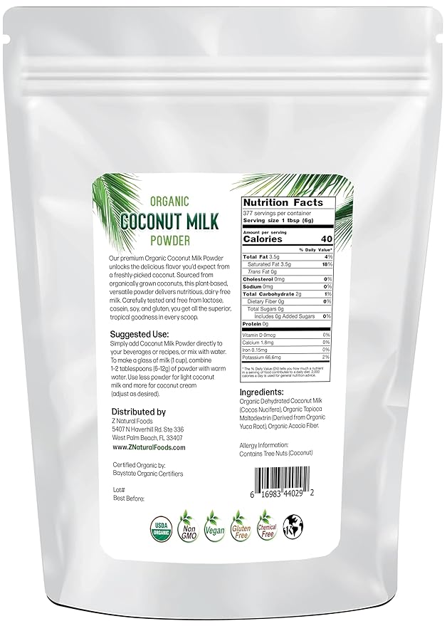Z Natural Foods Organic Coconut Milk Powder - All-Natural Vegan Dairy-Free Alternative with MCTs