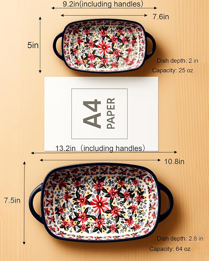 Ceramic Baking Dish Set of 2 ??Decorative Polish Pottery Style Casserole Dishes with Handles, Cute