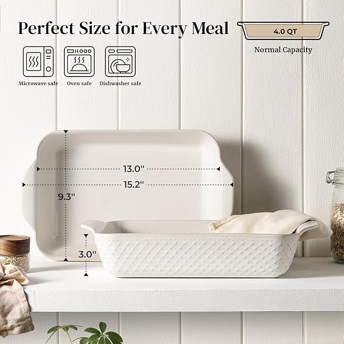 DOWAN 9x13 Deep Lasagna Baking Dish, Ceramic Casserole Dish for Oven, 4 Quarts Embossed Baking Pan