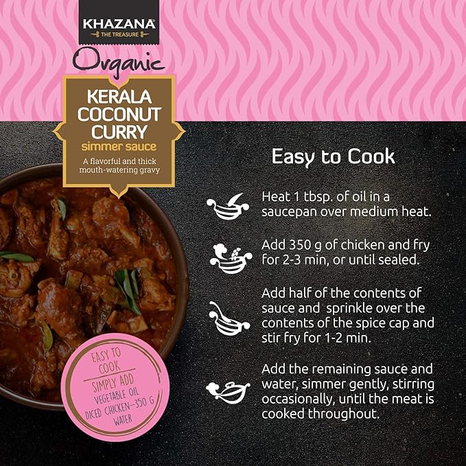 Khazana ORGANIC Kerala Coconut Curry Indian Simmer Sauce - 6 x 12.7oz Jars | Non-GMO, Vegan, Gluten