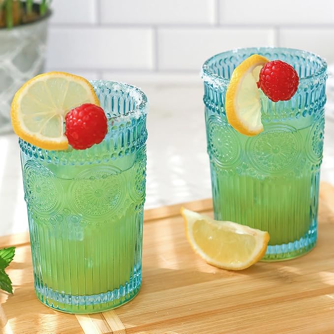 Kate Aspen Vintage Textured Aqua Blue Striped Drinking Glasses, Set of 6 (13oz)