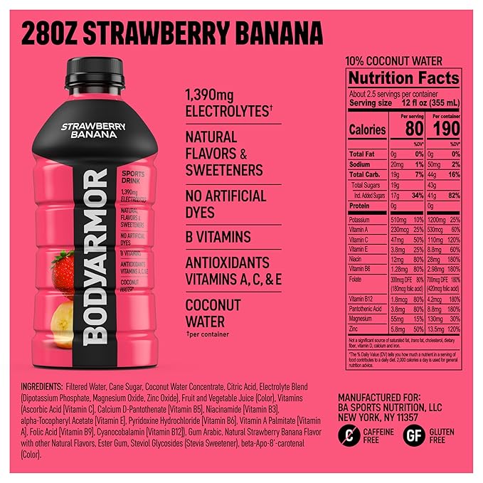 BODYARMOR Sports Drink Sports Beverage, Strawberry Banana, Coconut Water Hydration, Natural Flavors
