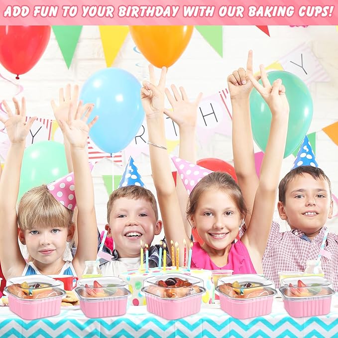 200 Pack 5 oz Square Baking Cups with Lids Aluminum Foil Mini Cake Pans with Lids Disposable