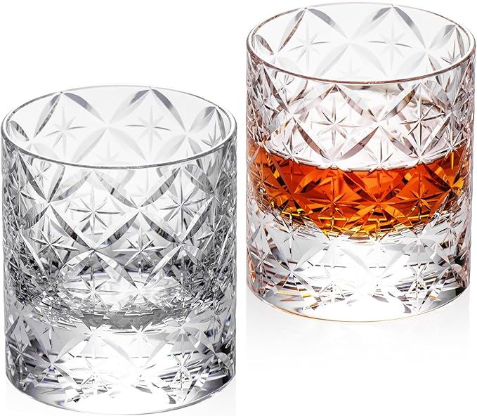 KAMMAK Crystal Whiskey Glasses Set of 2, Hand Blown 7.78oz Old Fashioned Glasses Stemless, Luxury