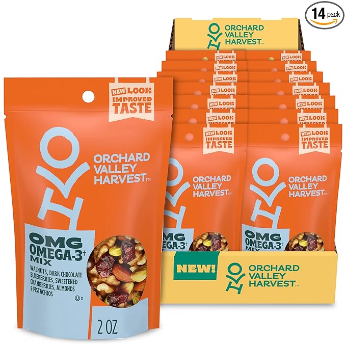 Orchard Valley Harvest OMG Omega-3 Mix, 14 pack (2 oz), Walnuts, Dark Chocolate Blueberries
