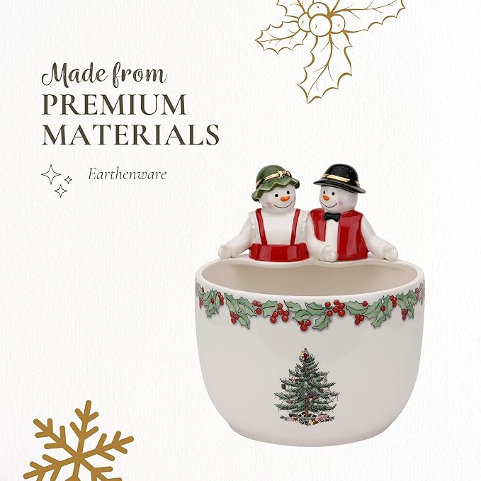 Spode Christmas Tree 9-Inch Candy Bowl - Mr. & Mrs. Snowman Decorative Earthenware Bowl for Serving