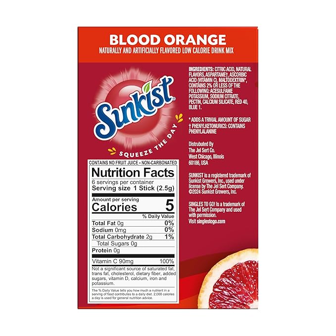 Singles to go Drink Mix Packets, Blood Orange, 6-Count Box ??Powdered Drink Packets with Vitamin C