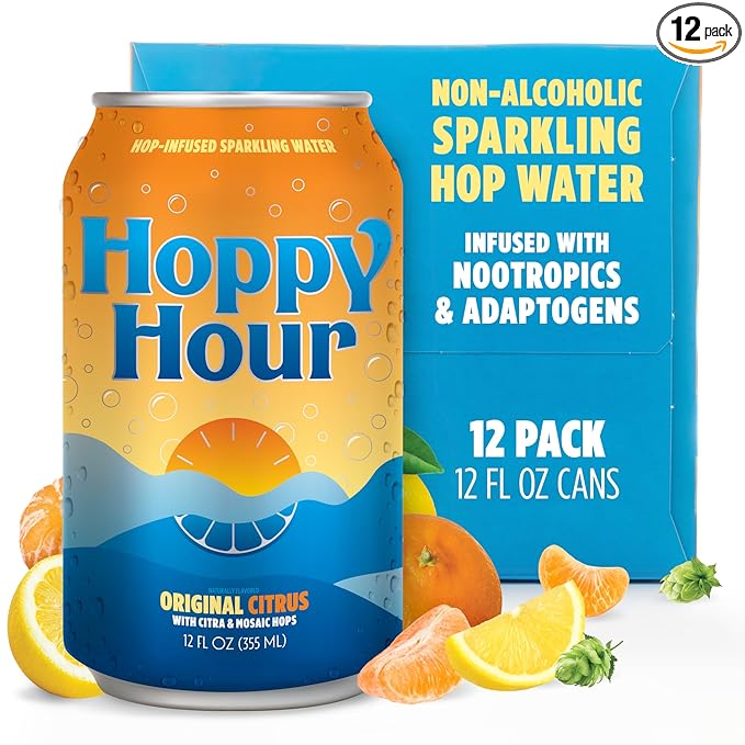 Hoppy Hour Sparkling Hop Water, Non-Alcoholic and Adaptogens Drink, Zero Sugar and Calories