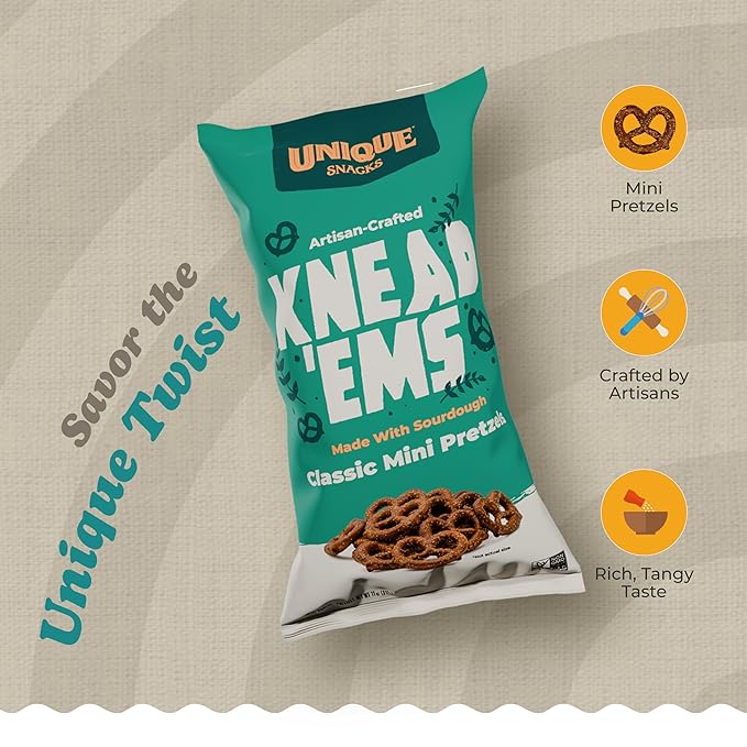 Unique Snacks Knead 'Ems, Sourdough Mini Pretzels, Artisan-Crafted Vegan Snacks, Non-GMO, Kosher