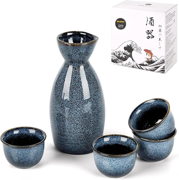 DUJUST 5 pcs Japanese Sake Set, Kiln Altered Glaze Porcelain Sake Set, 1 Bottle, 4 Cups & 1 Gift