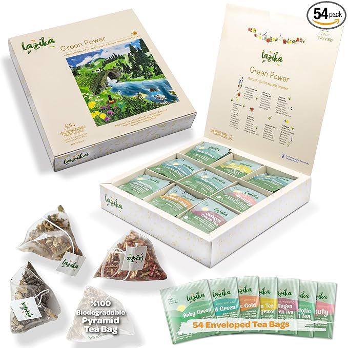 Lazika Green Tea Variety Pack with Lovely Presentation Box, 54 Counts, Green Tea Assortment Gift