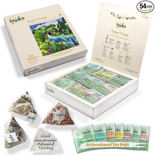 Lazika Green Tea Variety Pack with Lovely Presentation Box, 54 Counts, Green Tea Assortment Gift