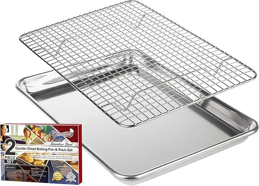 KITCHENATICS Small Quarter Sheet Baking Pan with Rack, Stainless Steel Baking Rack & Aluminum