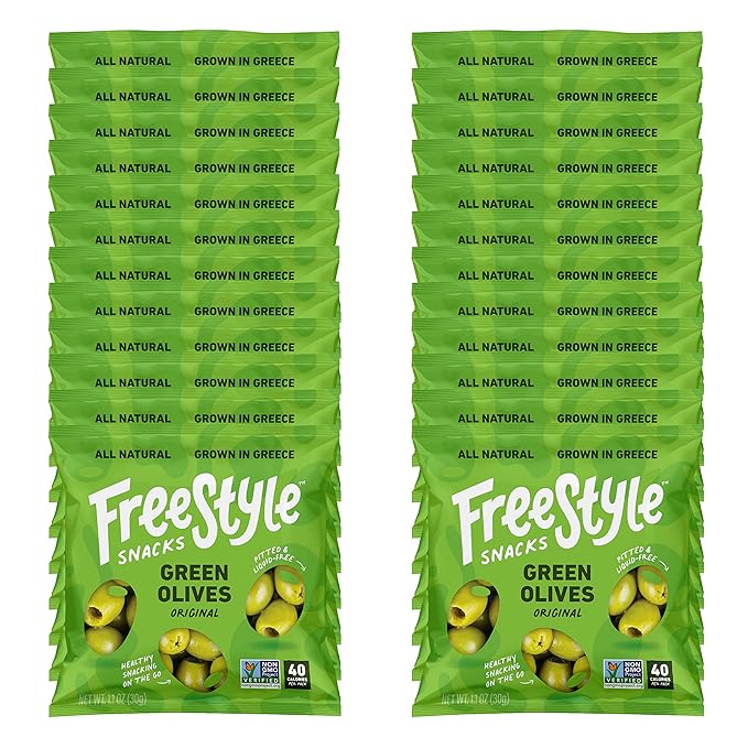 Freestyle Snacks Olive Snack Packs - Single Serve - Fresh Pitted Green Olives, Jumbo-Sized, Grown
