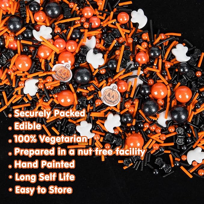 Edible Halloween Pumpkin Sprinkles,Orange Pearls Mix White Ghost,130g/4.58oz,Black Bat