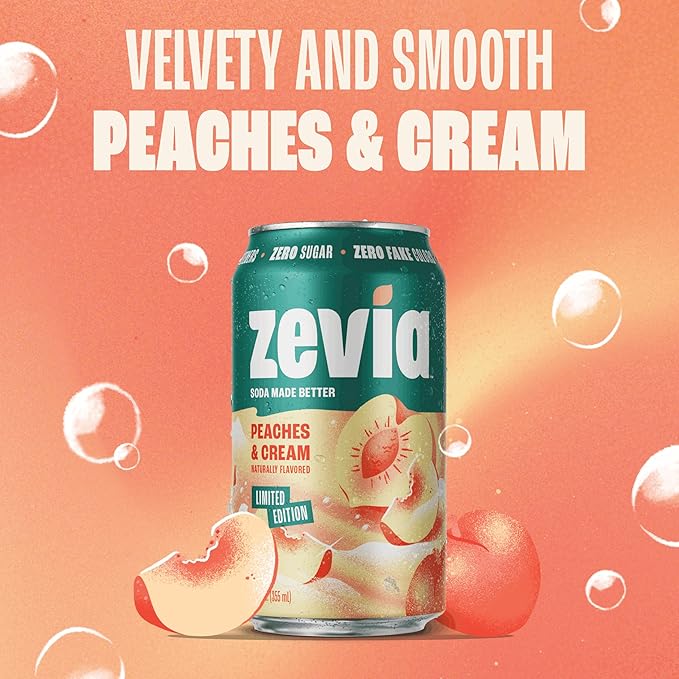Zevia Zero Sugar Soda, Peaches and Cream, 12 oz Cans (8-Pack) ??Caffeine Free, Naturally Sweetened