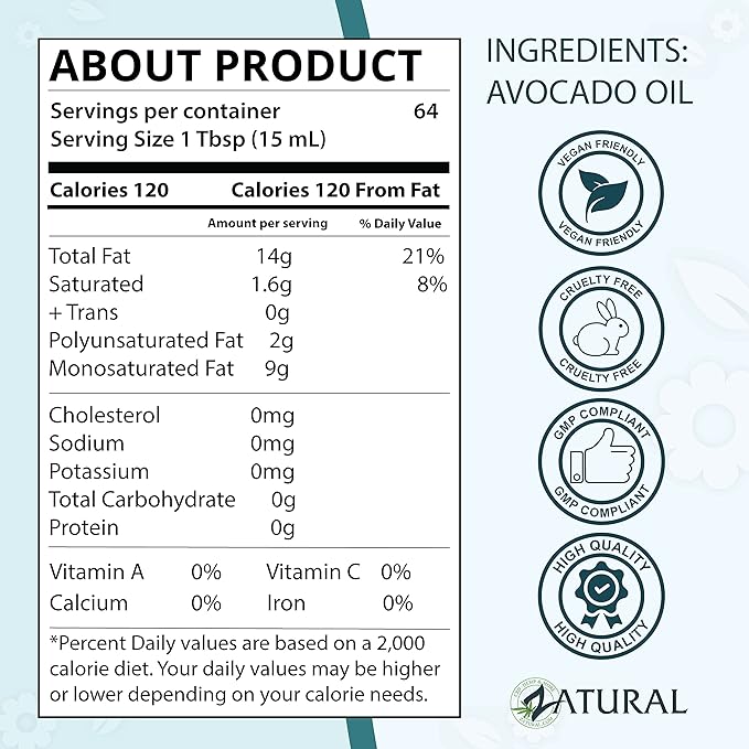Zatural 100% Avocado Oil Pure Natural without Additives, Clean, Cold Pressed, Non-GMO, Vegan: For