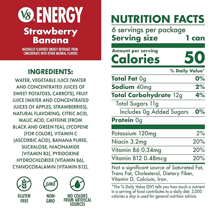 V8 +ENERGY Strawberry Banana Energy Drink, Made with Real Vegetable and Fruit Juices, 8 FL OZ Can