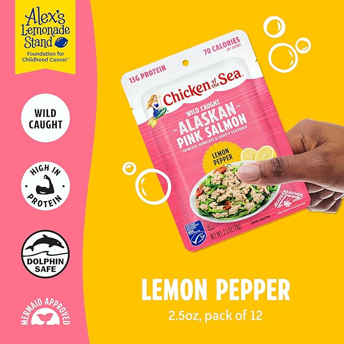 Chicken of the Sea Alaskan Pink Salmon, 2.5 Ounce Packets (Box of 12), Wild Caught Salmon, Lemon