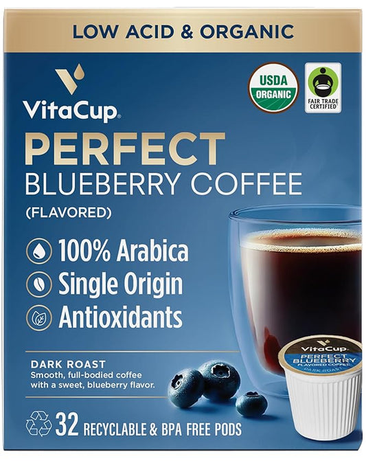 VitaCup Perfect Blueberry Flavored Low Acid Coffee Pods, Organic, Fair Trade, Dark Roast Single