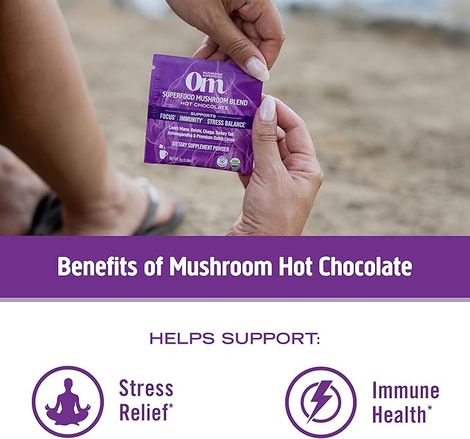 OM MUSHROOM SUPERFOOD Hot Chocolate Blend Mushroom Powder, Single Serve, 10 Count, Dutch Cocoa, 2g