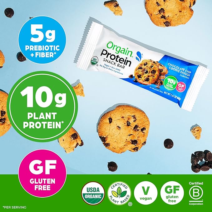 Orgain Organic Vegan Protein Bars, Chocolate Chip Cookie Dough - 10g Plant Based Protein, Low