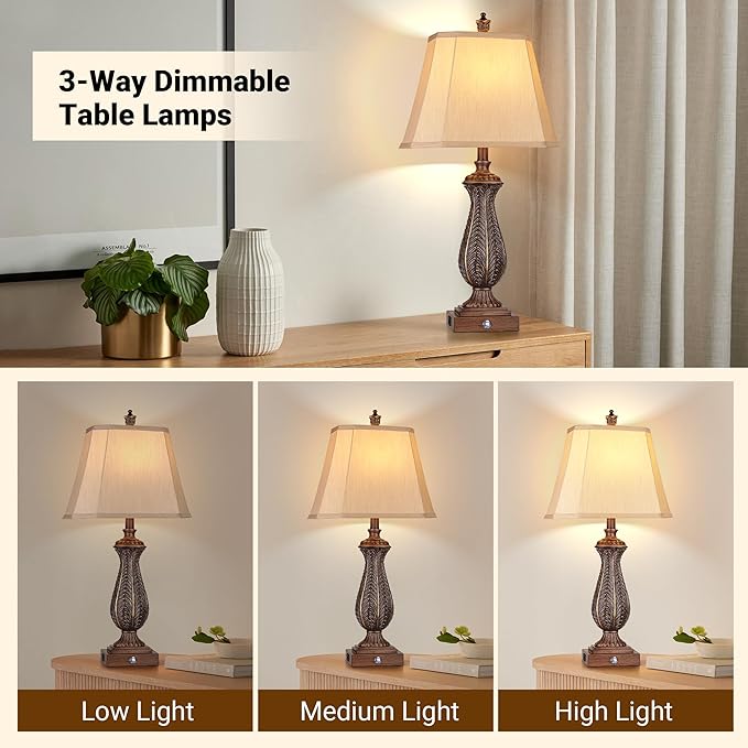 3-Way Dimmable Table Lamps for Bedrooms Set of 2, 30" H Touch Lamps for Living Room with USB &