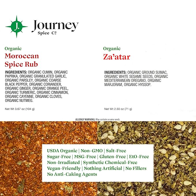 Gourmet Organic Moroccan Spice Rub & Organic Za’atar Gift Set by Journey Spice Co. | Salt-Free |
