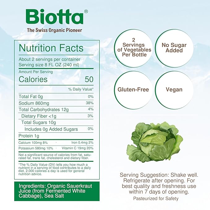 Biotta Organic Sauerkraut Juice - 100% Vegetable Juice for Energy, Immunity & Wellness - Excellent